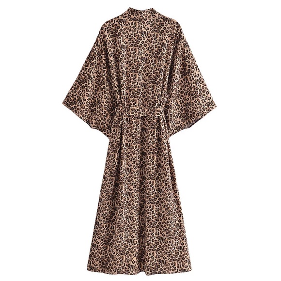 SOLD OUT Brown Tan Leopard Animal Print Open Kimono Duster Coverup Wrap Robe - Picture 2 of 8